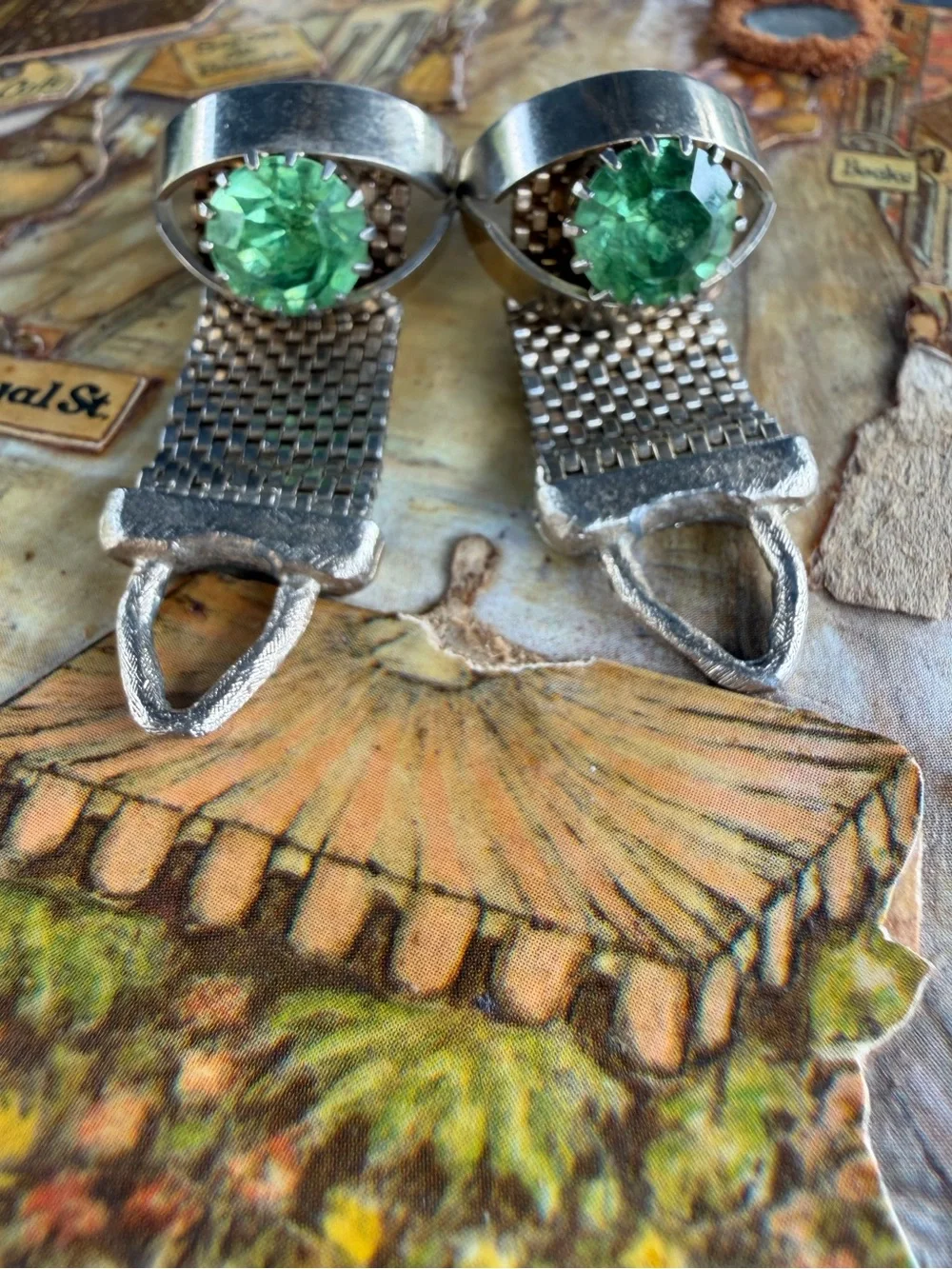 Gold-Tone Vintage Cufflinks with Green Gemstone Centers